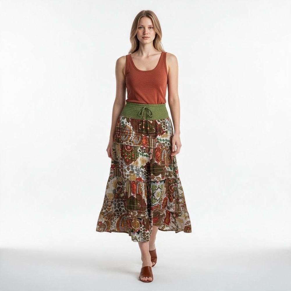 Allison Brittney Womens Paisley Patchwork Maxi Skirt Green Smocked Waist Cotton